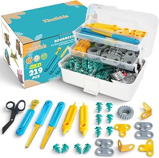 Kizzikids Cardboard Tools for Kids, STEM Construction Kit Safe Cutter | 219 PCS Building Kits Cardboard Screws & Cardboard Connectors, Spin Hinges, Storage Box, Hands-On Creativity, Ages 5+