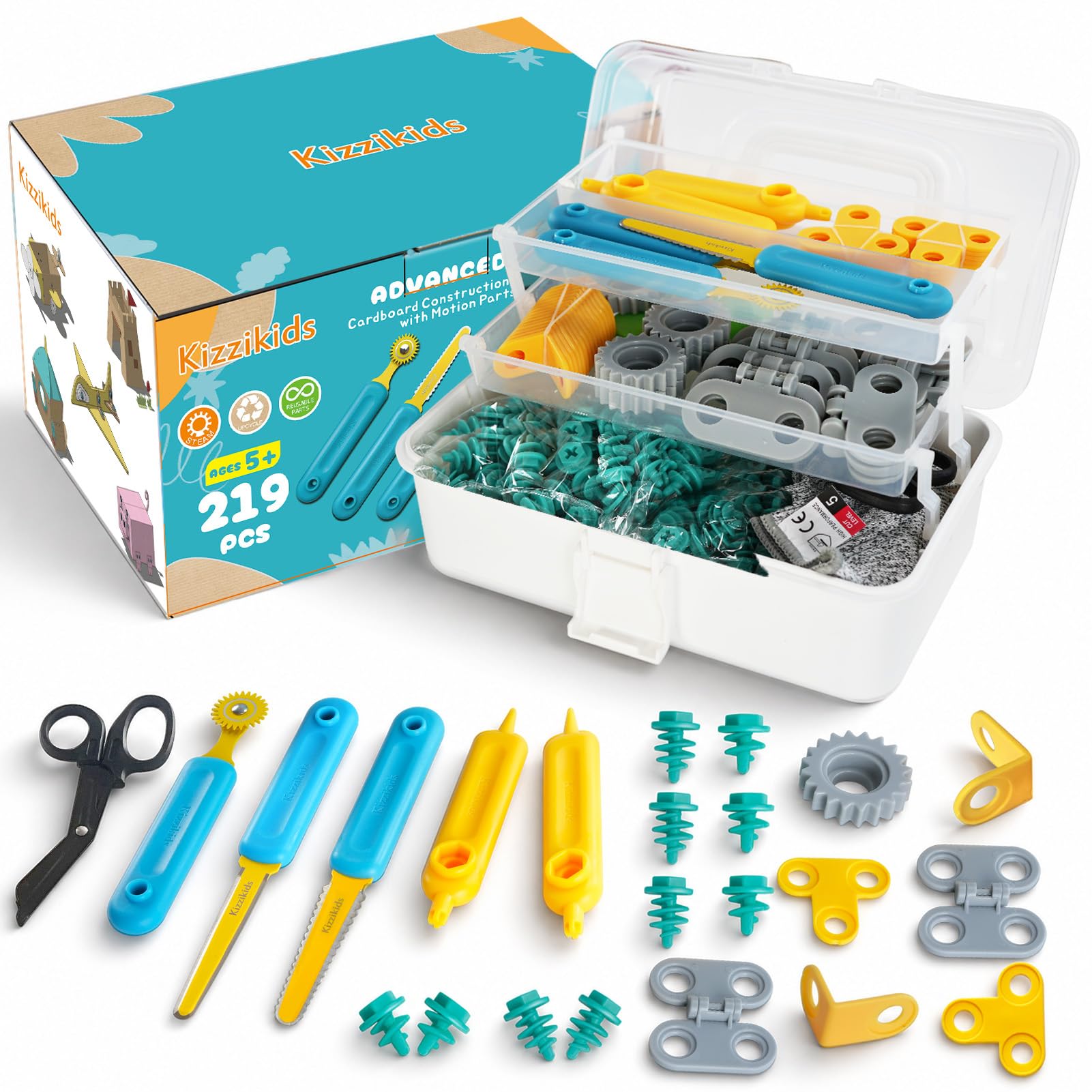 Kizzikids Cardboard Tools for Kids, STEM Construction Kit Safe Cutter | 219 PCS 