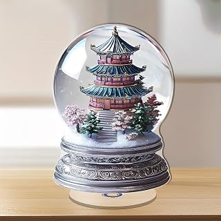 Pagoda Snow Globe with Snowy Trees Rotating Acrylic Desktop Stress Relief Ornament, Suitable for Home Decor. Idea Gift for Christmas, Birthday, Anniversary, Valentine's Day, Celebrations