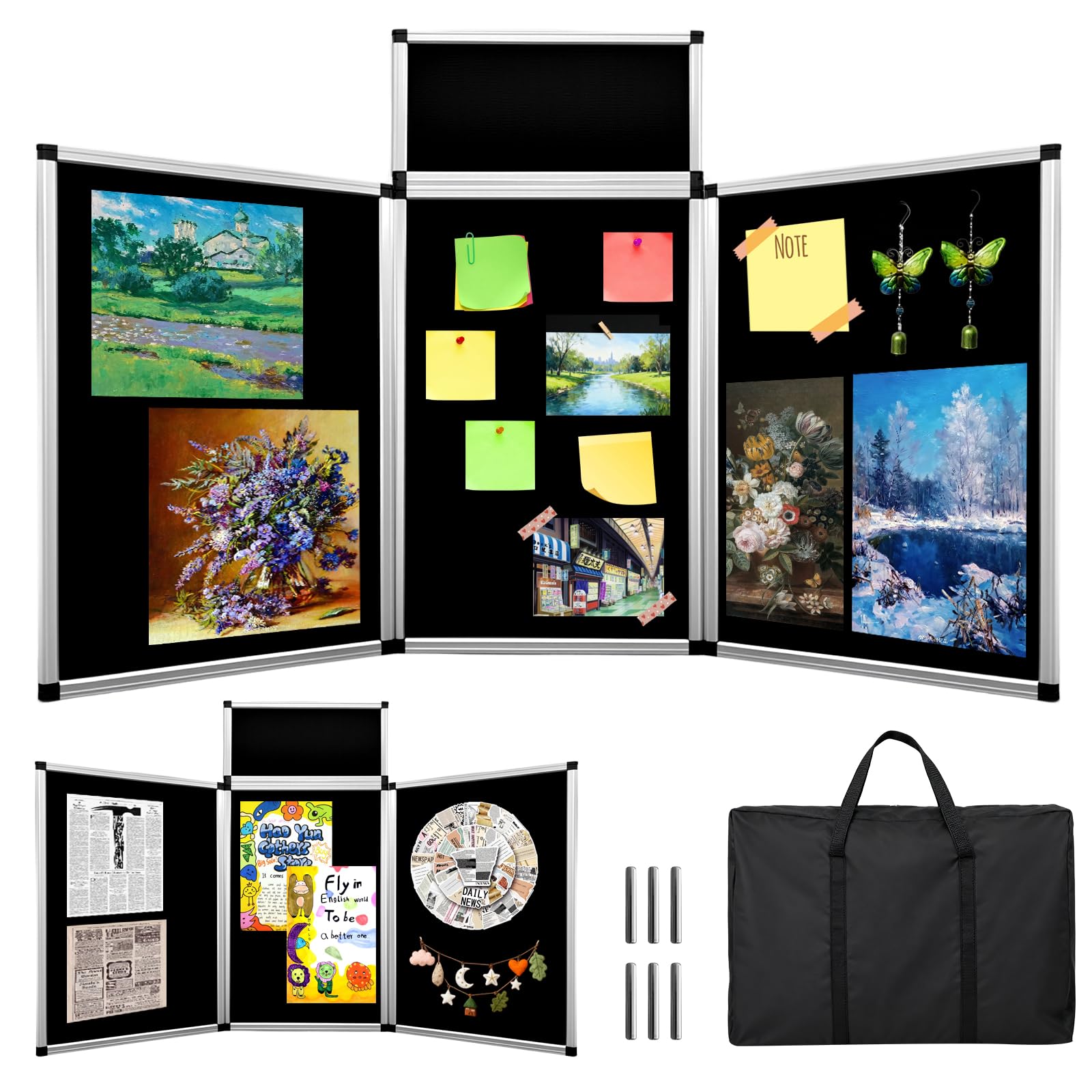 DRKSBesto 3+1 Panel Double-Sided Black Trifold Display Board with Storage Bag, 7