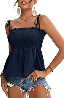 LYANER Women's Tie Shoulder Frill Shirred Ruffle Hem Sleeveless Strappy Cami Blouse Peplum Top
