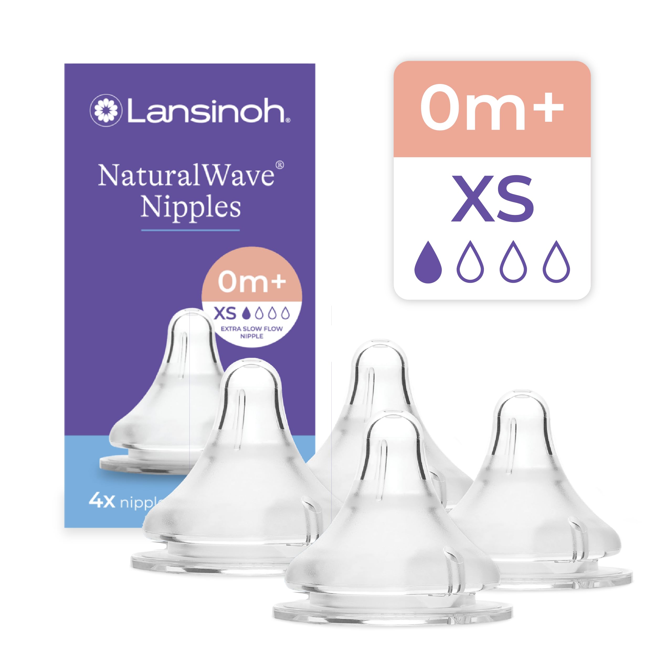 Lansinoh NaturalWave Baby Bottle Nipples, Extra Slow Flow (XS), 4 Count | 0+ Mon