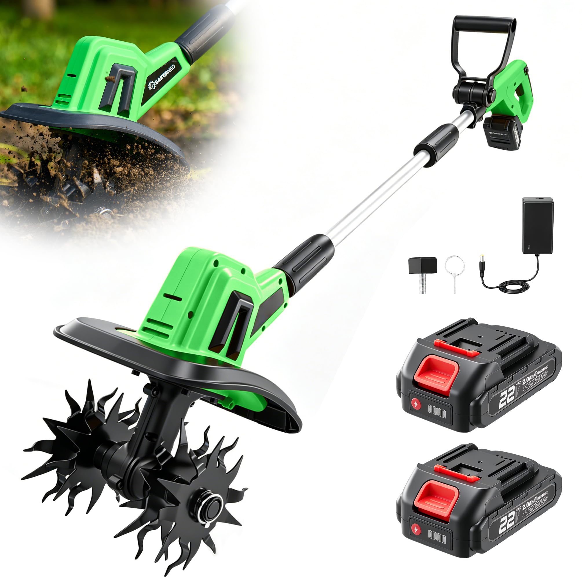 SakerNeo 22V Cordless Garden Tiller, Battery Operated Cultivator Rototiller | 2 