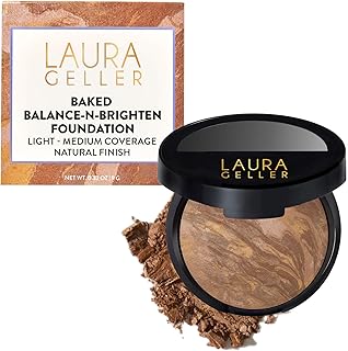 LAURA GELLER Baked Balance-n-Brighten Color Correcting Powder Foundation, Compact Powder with Light to Medium Modular Coverage, Semi-Matte Finish, Tan