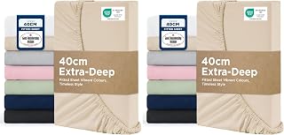 Bedsure Double Fitted Sheet Deep - 40cm Pocket, Beige, 135x190cm (Pack of 2)