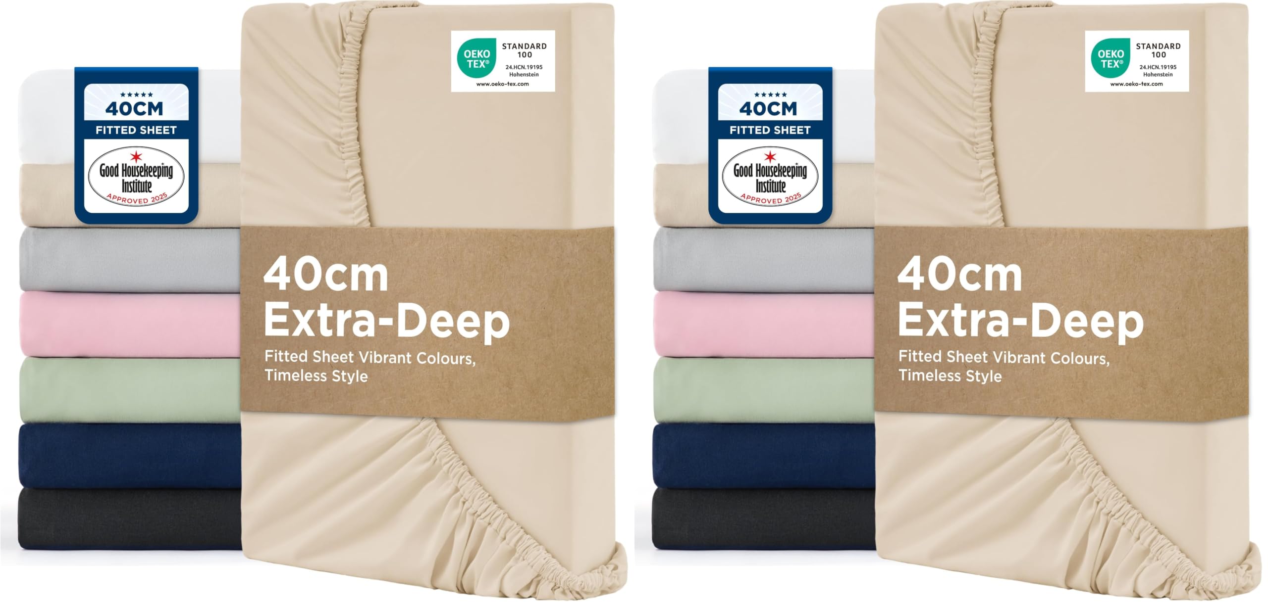 Bedsure Double Fitted Sheet Deep - 40cm Pocket, Beige, 135x190cm (Pack of 2)