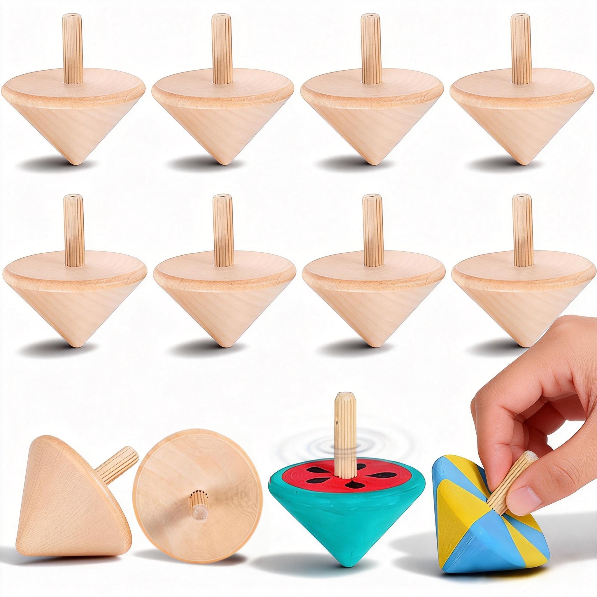 NUOBESTY Wood Spinning Tops for Kids, 12 Pack | Unfinished Wooden Gyroscope Toys