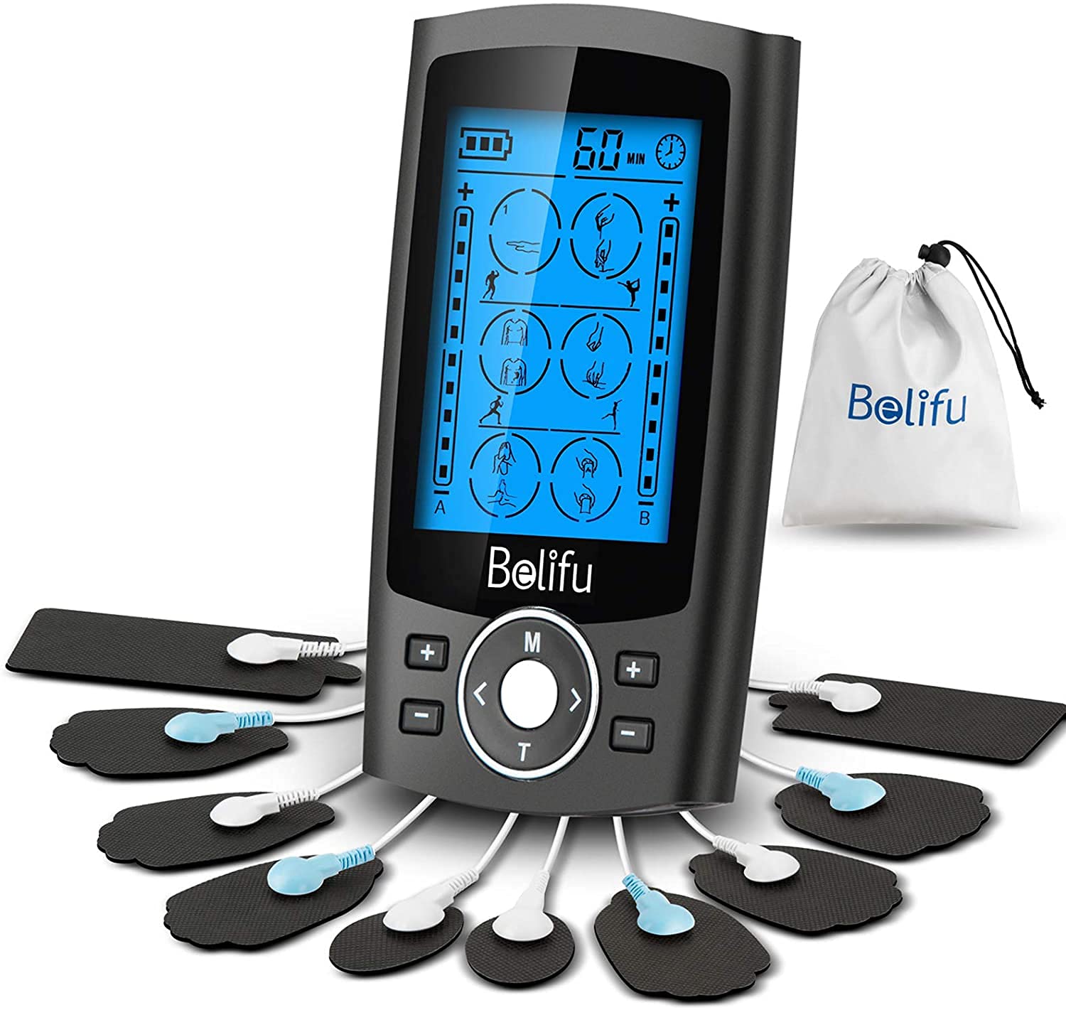 Belifu Dual Channel TENS EMS Unit 24 Modes Muscle Stimulator for Pain Relief The