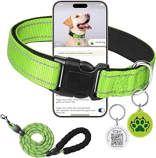 Reflective Dog Collar with Buckle Adjustable Nylon Dog Collar Bright Green S Includes 1.5m Leash and B94 Smart QR Code Anti-Lost ID Tag