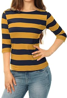 Allegra K Women's Striped Shirt U Boat Neck Half Sleeve Striped Top Party