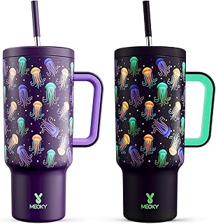 Meoky 1.1g Tumbler with Handle and Straw - Glow in The Dark Tumbler with Lid and Straw, Stainless Steel Insulated Tumbler Cup for Car Cup Holders, Travelers, Workers (1 Pack, Jellyfish)