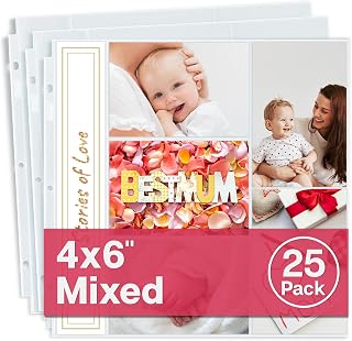 Dunwell 12x12 Photo Album Refill Pages, 25 Pack Holds 250 Photos, 4x6 Photo Sleeves for 3 Ring Binder, Mixed Layout Scrapbook Page Protectors, Acid-Free Poly