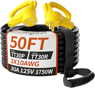 PlugSaf 50 FT 30 Amp RV Extension Cord Outdoor, 10AWG 125V 3750W STW Yellow | NEMA TT-30P/R, Flexible 10 Gauge Extension Cord Heavy Duty, 50 Foot RV Power Cord Waterproof with Grip Handle, ETL Listed