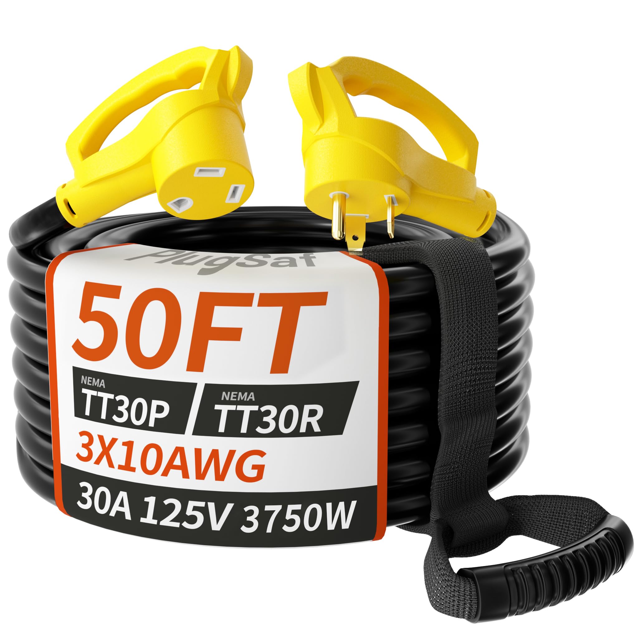 PlugSaf 50 FT 30 Amp RV Extension Cord Outdoor, 10AWG 125V 3750W STW Yellow | NE