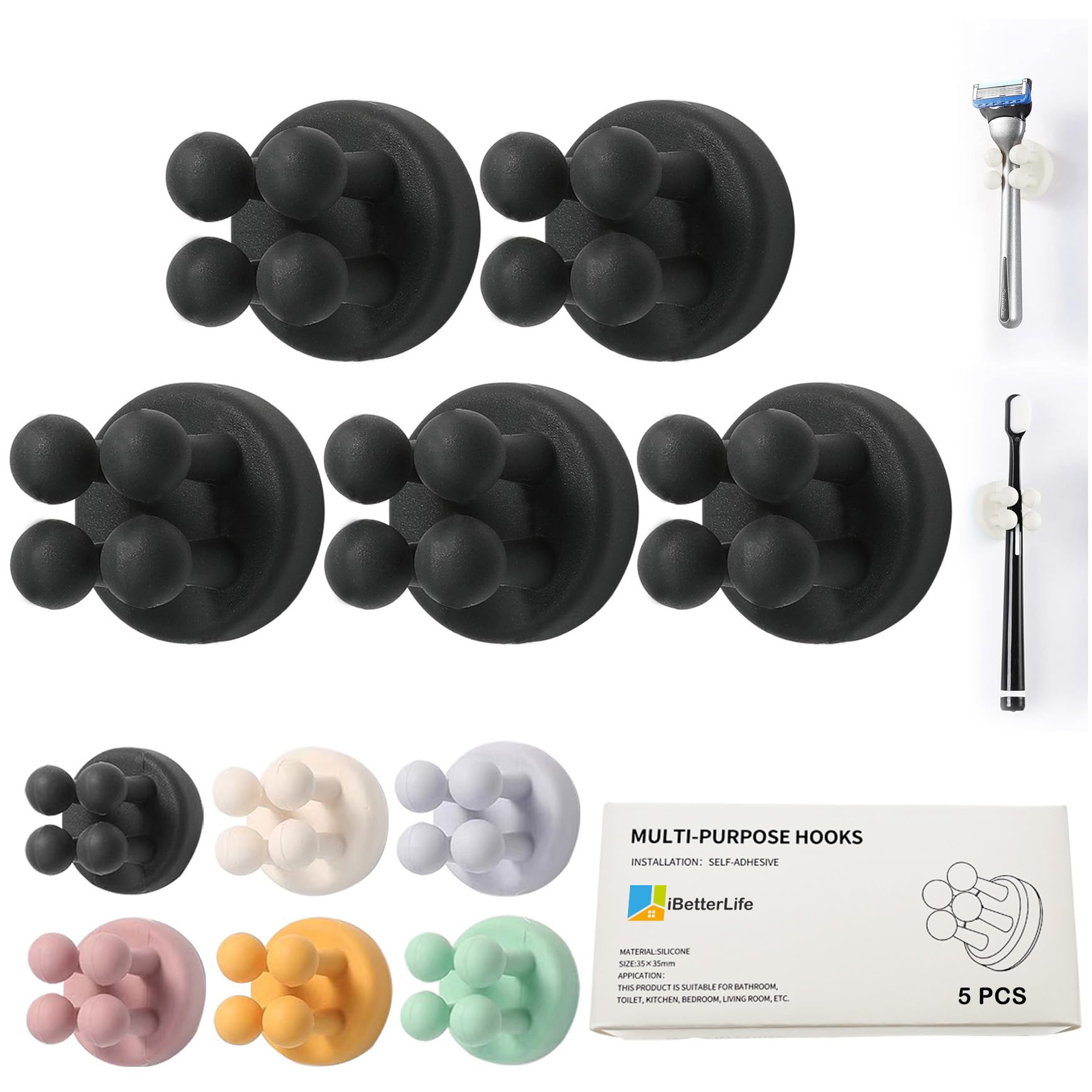 Shower Razor Holder Wall Mounted - 5 Pcs Self Adhesive Silicone Toothbrush Holde