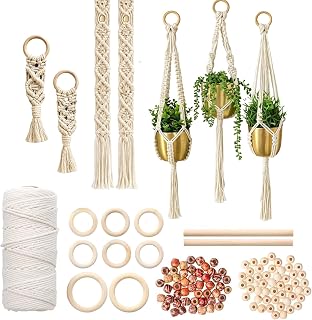 111PCS Plant Hanging Kit with Cotton Thread for Macrame DIY - 100m 3mm Cotton Thread, 8 Wooden Rings, 100 Beads, 2 Sticks, Craft Set Ideal for Kit