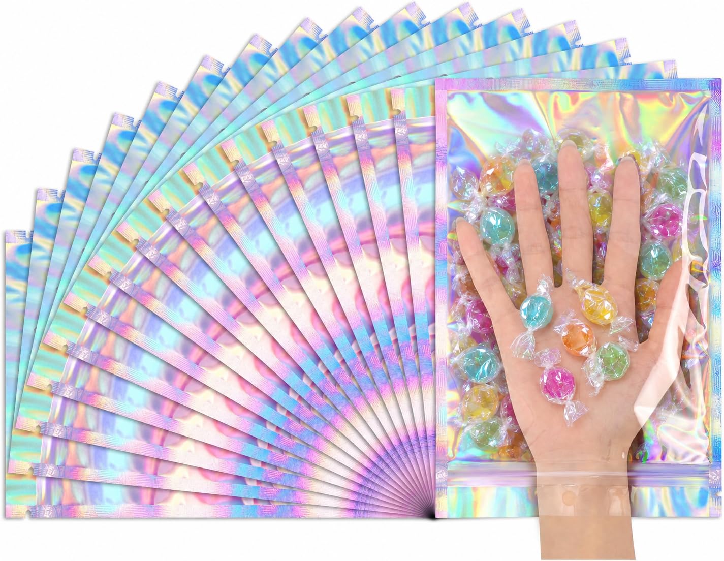 FUNFERY 6.3x9.4 SmellProof Holographic Resealable Bag,Clear Mylar Favor Bag | 50