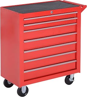 DURHAND 7-Drawer Rolling Tool Chest on Wheels Lockable Metal Red | Tool Cabinet with Side Handle, Box Trolley, for Garage, Workshop