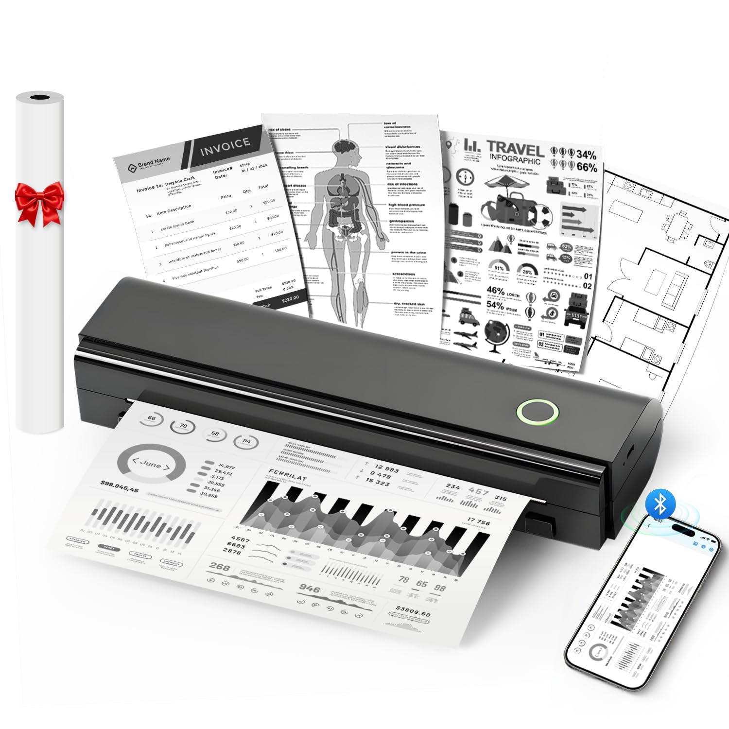 NDYIN Portable Printers Wireless for Travel, N80 Bluetooth Thermal Printer | Blu