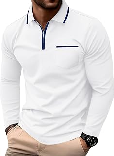 Askdeer Men's Polo Shirts Zip Long Sleeve Classic T-Shirts Casual Golf Shirts Stylish Collared Tee