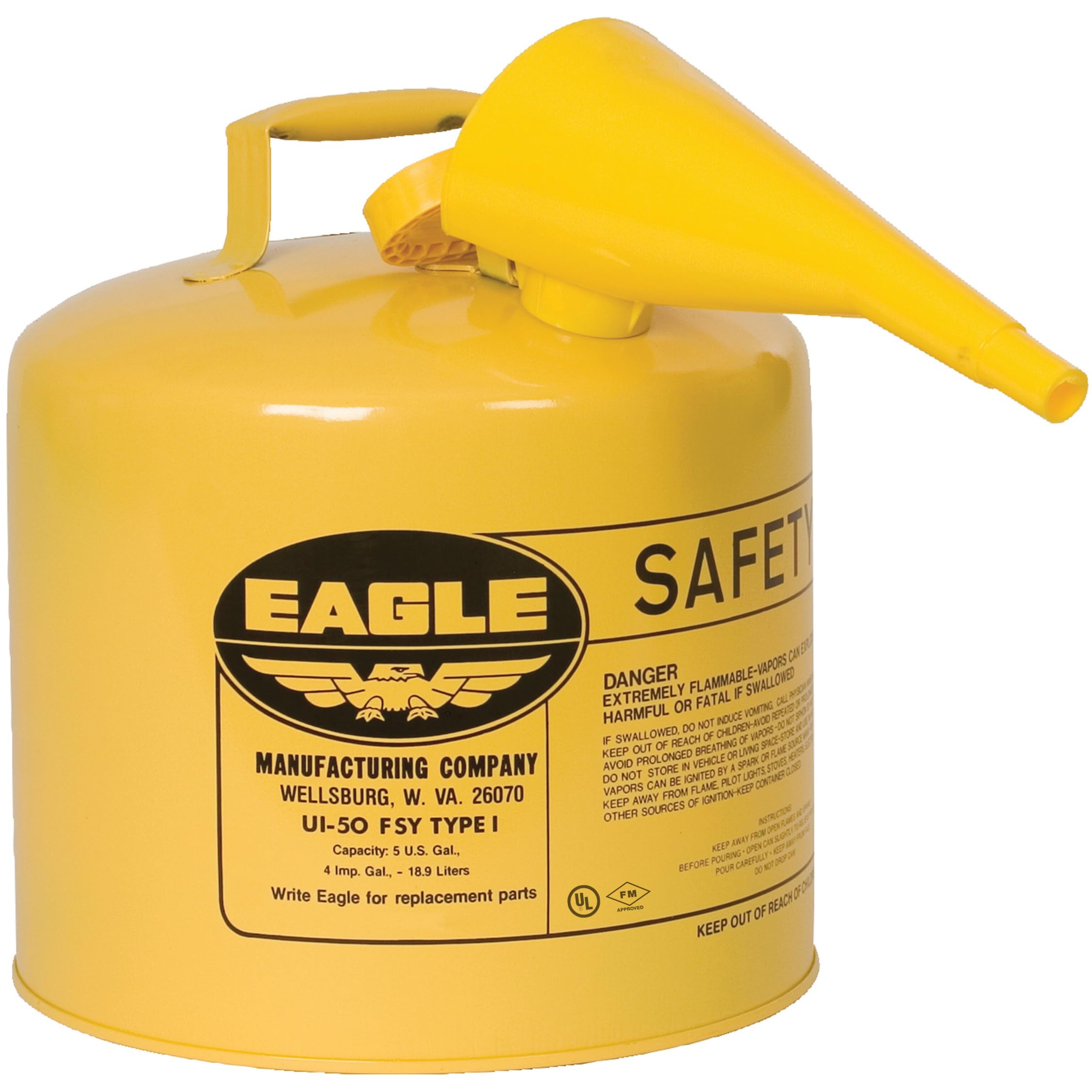 Eagle 5 Gallon Type I Yellow Safety Gas Can for Diesel | Flame Arrester, Self-Cl