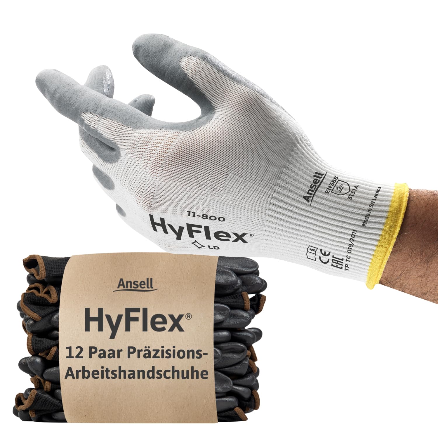 Ansell HyFlex® 11-800 Work Gloves, Industrial Safety/Mechanics Gloves with Impro
