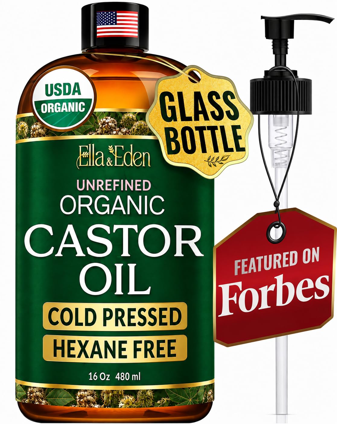 USDA Organic Castor Oil, 100% Pure Cold-Pressed Hexane-Free, 16 Oz | For Hair Gr