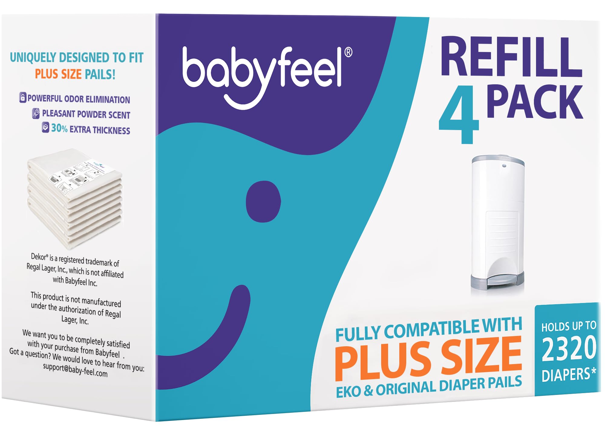 Babyfeel Refill Bags Compatible with DEKOR PLUS Diaper Pails, 4 Pack | Exclusive