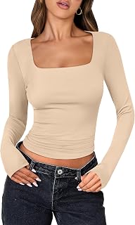 ANRABESS Women Double Lined Long Sleeve Crop Tops Shirts Square Neck Tight Fitted Going Out T-Shirt Basic Tee Outfits 2026
