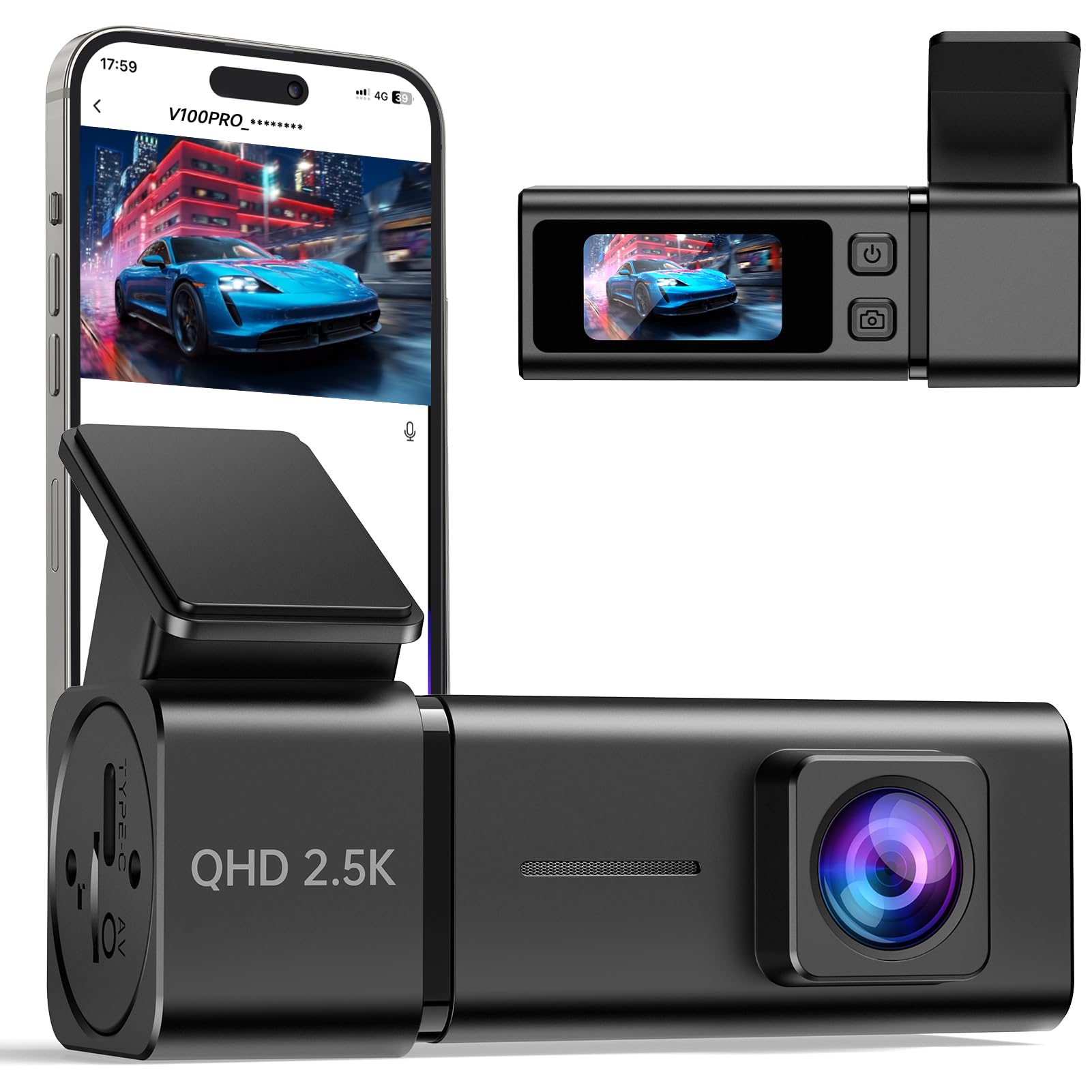 Dash Cam Front 1440P Dash Camera Support Loop Recording with APP, WiFi | Mini Da