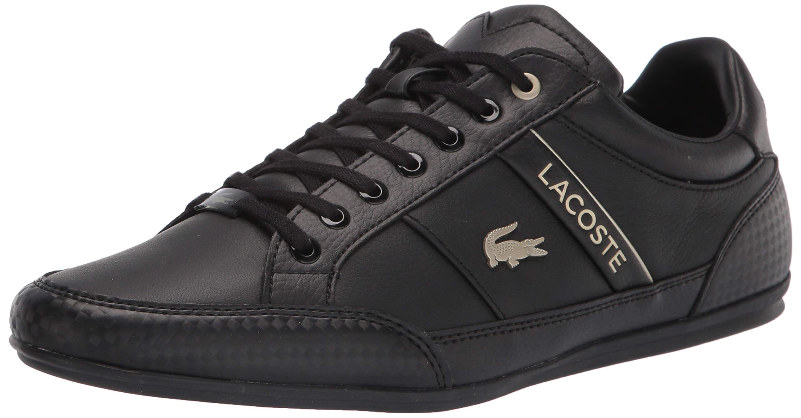 Lacoste Men's Chaymon Sneaker, Black/Black/Gold Leather, 13