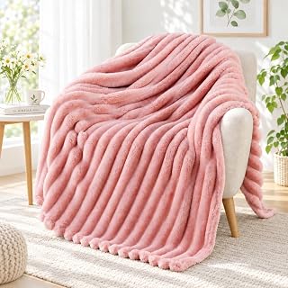Exclusivo Mezcla Soft Striped Fleece Blanket, Pink Fluffy Sofa Bed Throw | Lightweight Cozy Breathable Throw Blanket for Adults, Stylish Jacquard Blanket for Bed, Living Room, All Seasons, 127x152cm