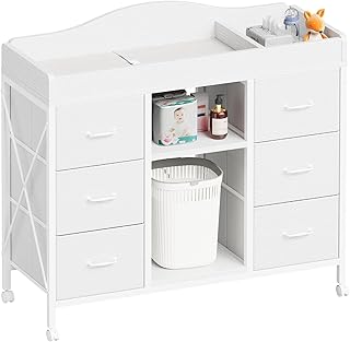 YeTom Changing Table, 6-Drawer Dresser, Adjustable Shelves, Mobile, White | Changing Table Dresser, Waterproof Diaper pad &amp; Safety Strap, 6 drawers, Adjustable shelves, Mobile Nursery Organizer