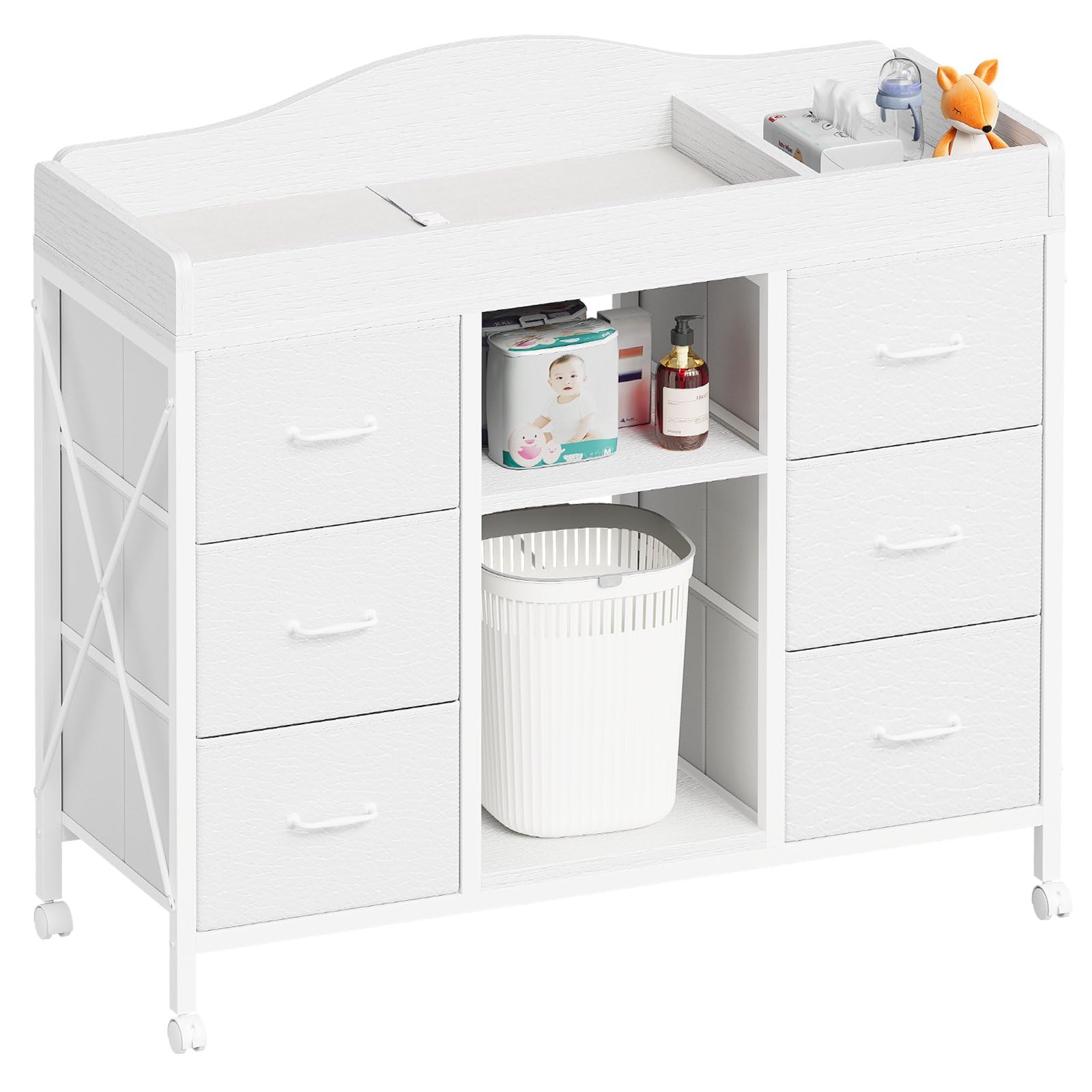 YeTom Changing Table, 6-Drawer Dresser, Adjustable Shelves, Mobile, White | Chan