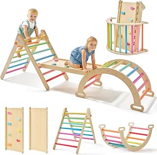 Tiny Land Pikler Triangle Set, 7-in-1 Foldable Climbing Toys Set for Kids | Baby Indoor Playground Jungle Gym, Wooden Montessori Climbing Set for Toddler,Ideal Gift for Kids (Rainbow)