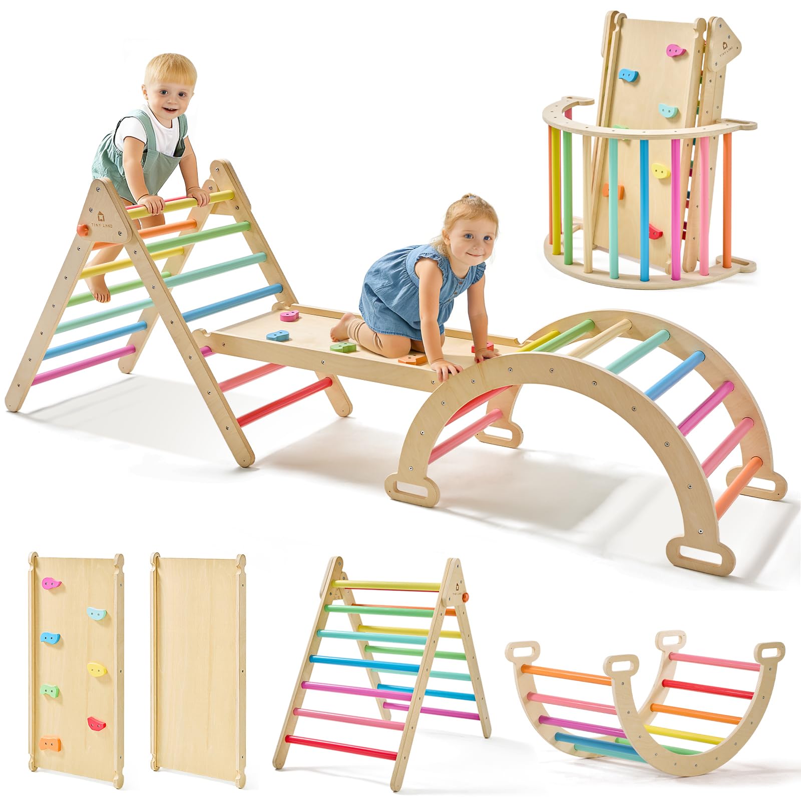 Tiny Land Pikler Triangle Set, 7-in-1 Foldable Climbing Toys Set for Kids | Baby