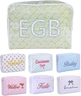 LIWOFLY Personalized Embroidered Name Makeup Bag, Custom Monogram Waterproof PVC Striped Cosmetic Pouch, Large Travel Toiletry Bag with Zipper for Women, Bridesmaid Beach Birthday Gift