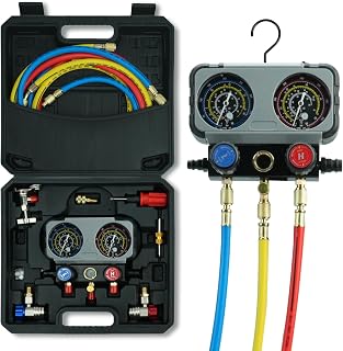 CALPOSE AC Manifold Gauge Set for R134a R410a R32 R22 Refrigerant | 3 Way AC Gauge Set, Refrigerant Gauge Kit with 5FT Hoses, Anti-Collision Dial, R410a Adapter, Puncturing Can Tap