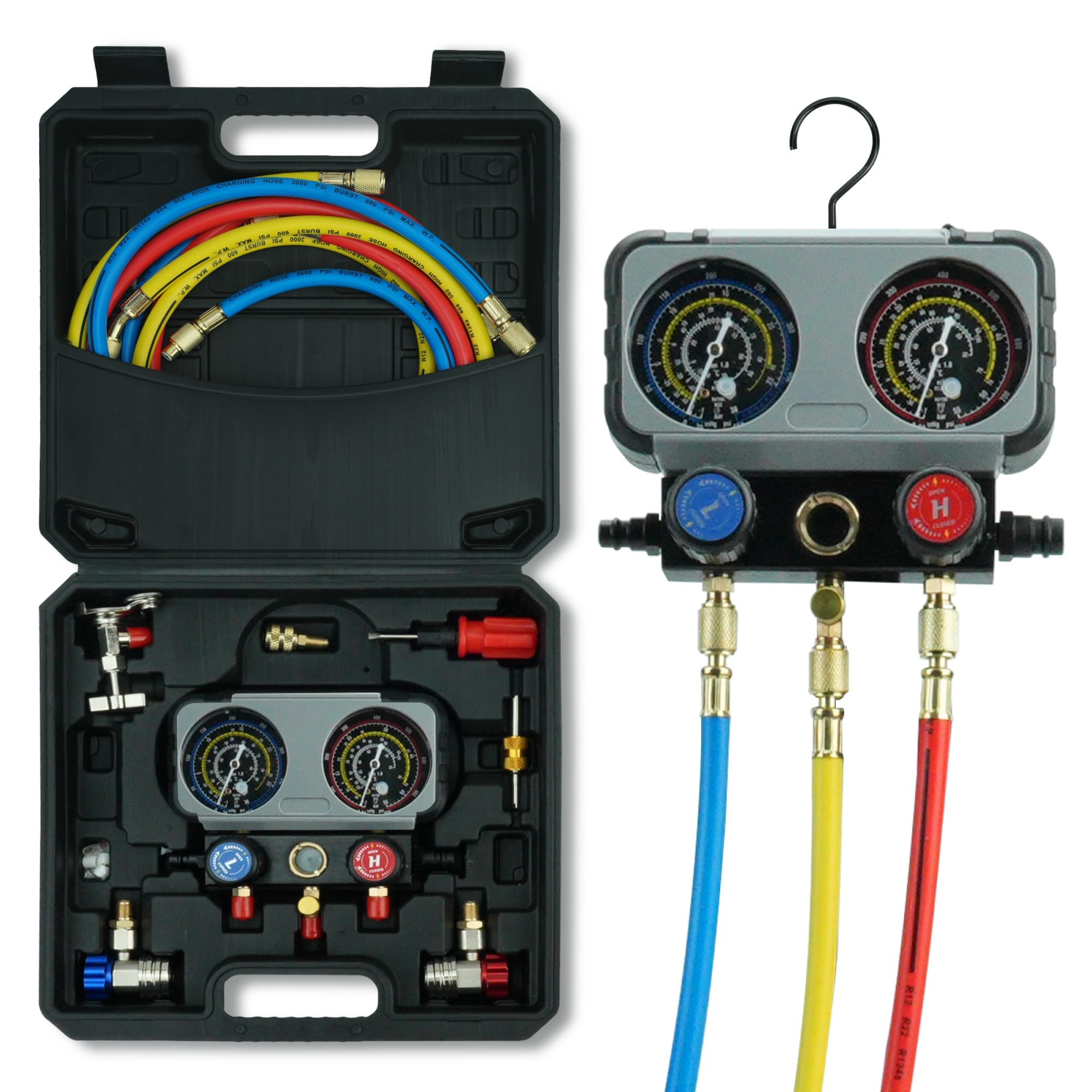 CALPOSE AC Manifold Gauge Set for R134a R410a R32 R22 Refrigerant | 3 Way AC Gau