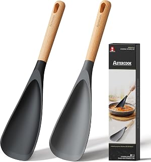 Astercook Cooking Spoon, 2 Pack, Nonstick Safe Silicone Spoonula Spatula | Long Wooden Handles, Heat Resistant, BPA-Free, Built-in Spoon Rest, Spatula Spoon For Stirring, Scooping, Scraping & Serving