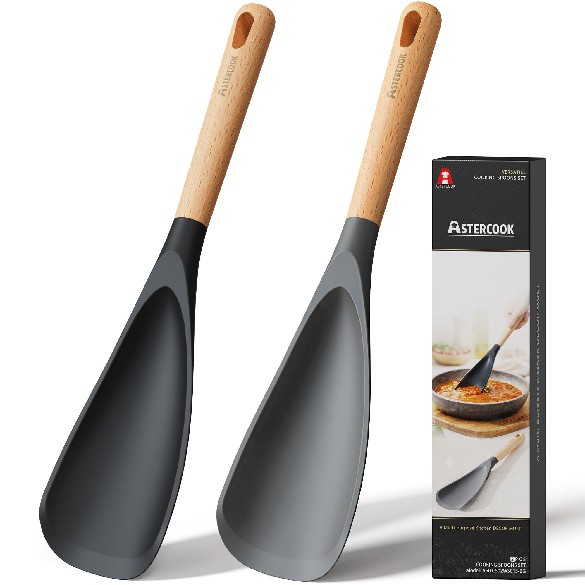 Astercook Cooking Spoon, 2 Pack, Nonstick Safe Silicone Spoonula Spatula | Long 