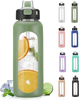 BLUEGO 700ml Glass Water Bottle with Handle and Straw Drinking Hydration Bottle with Silicone Sleeve and Time Marking Motivational Water Bottle for Gym Sports Outdoor Leak-proof,Oliver