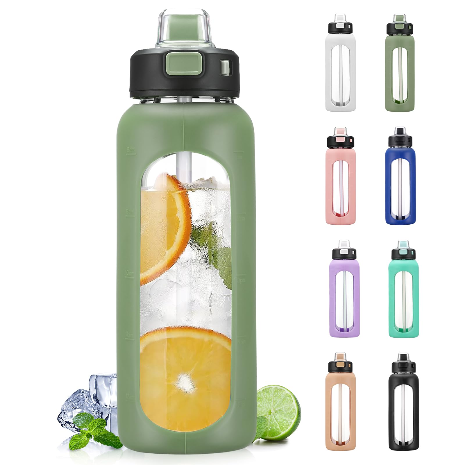 BLUEGO 700ml Glass Water Bottle with Handle and Straw Drinking Hydration Bottle 