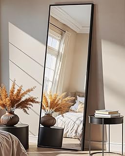 TRAHOME Full Length Floor Mirror 56"x15", Large Standing Body Mirror, Black | Built-in Stand, HD Shatterproof Glass, Aluminum Alloy Frame, Wall Mounted or Standing, for Bedroom, Living Room and Bathroom