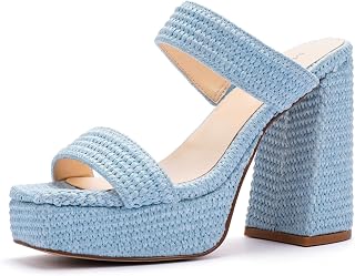 Platform Heels for Women Square Open Toe Chunky Heel Two Strap Sandals