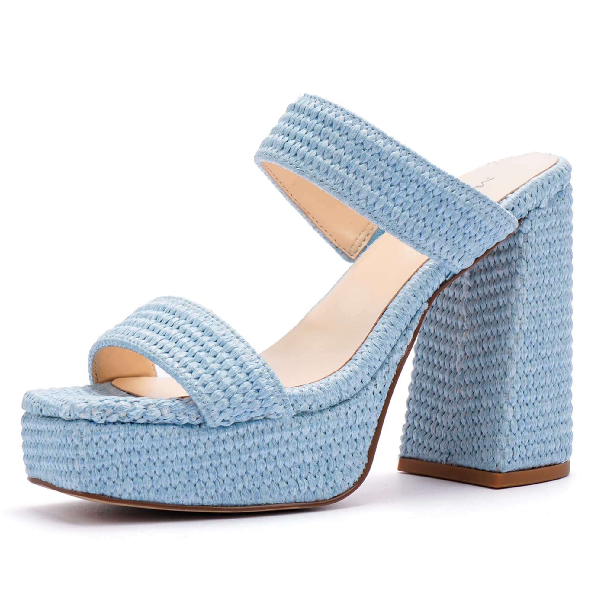 Platform Heels for Women Square Open Toe Chunky Heel Two Strap Sandals