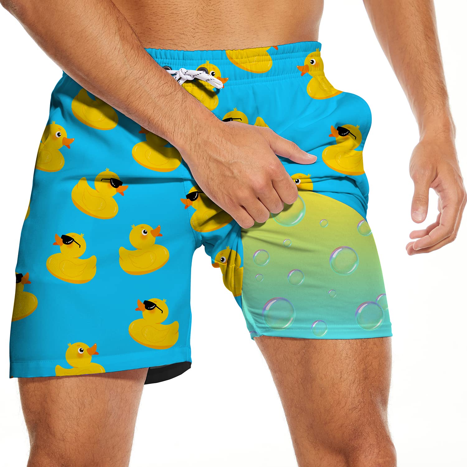 Men's Swim Trunks with Compression Liner, Funny Print Board Shorts for Men