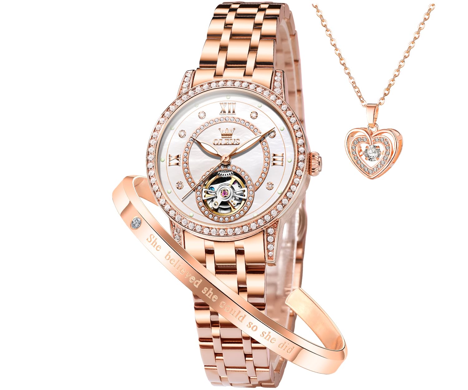 OLEVS Automatic Watches for Ladies Gold and Silver Stainless Steel Waterproof Da