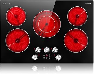 Karinear Electric Cooktop 30 Inch, 5 Burner Radiant Cooktop Knob Control | 8500W, 220-240V Hardwire, Built-in Stove Top, 9 Power Levels, Timer, Child Lock, Pause, Residual Heat Indicator(Sliver Knob)