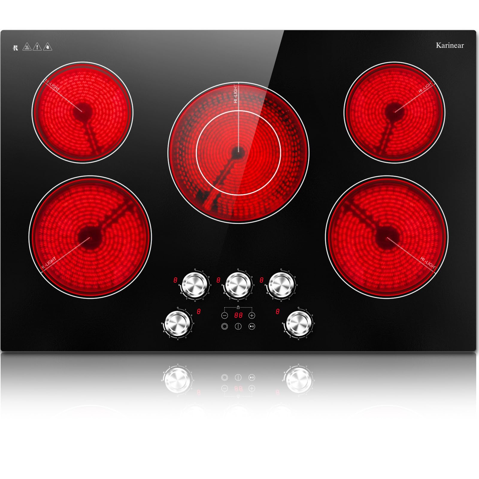 Karinear Electric Cooktop 30 Inch, 5 Burner Radiant Cooktop Knob Control | 8500W